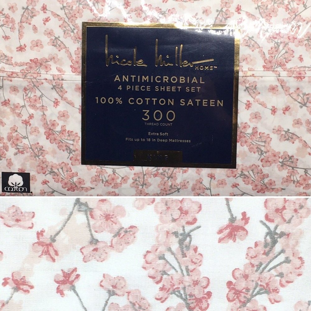 4pc Nicole Miller Pink Floral Cherry Blossom KING Sheet Set Cotton Sateen NEW